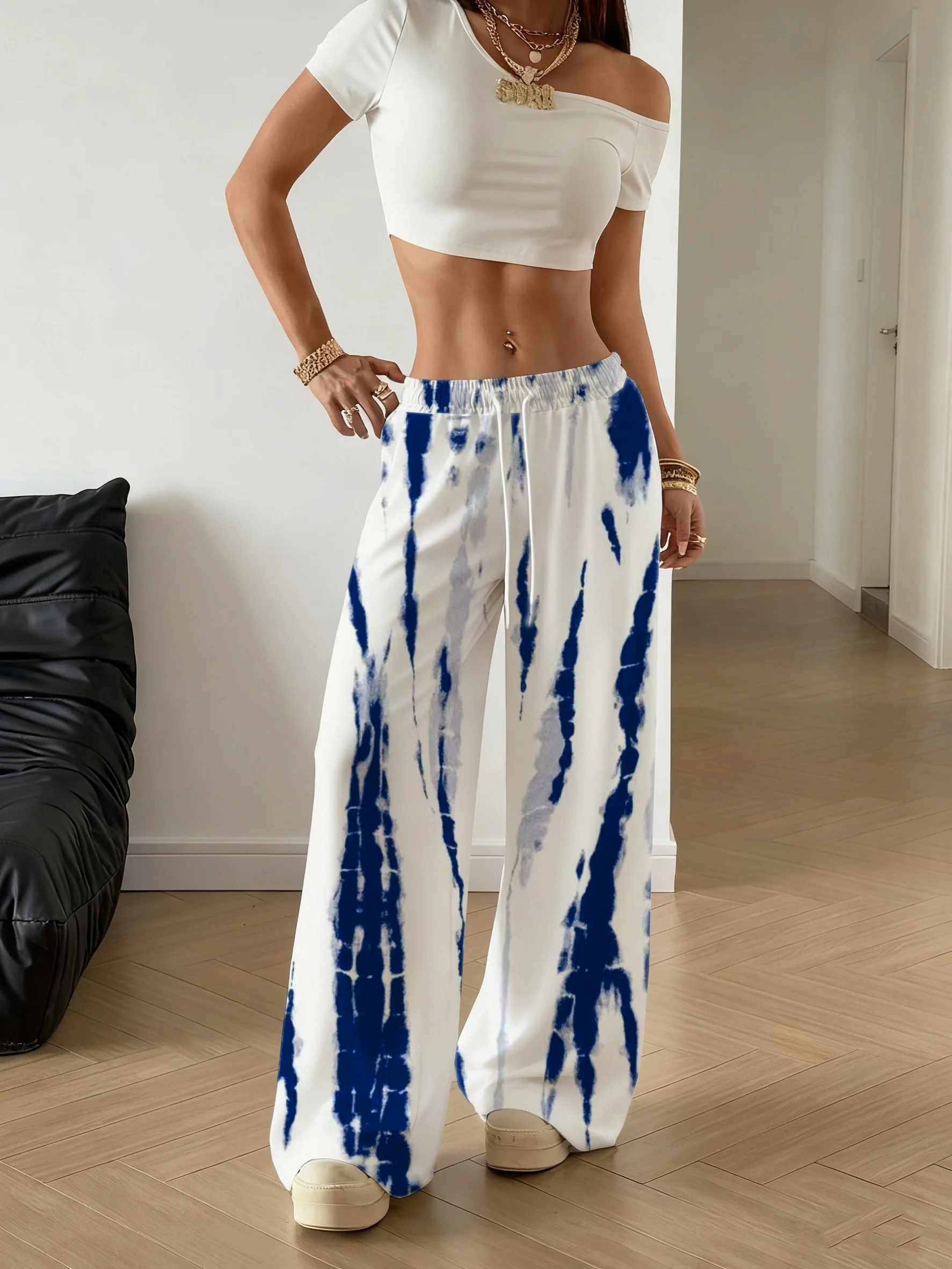 Streetwear Unisex Quick Dry Long Trousers Blue White Striped Tie Dye Elastic Waist Drawstring Loose Wide Leg Summer Casual Pants