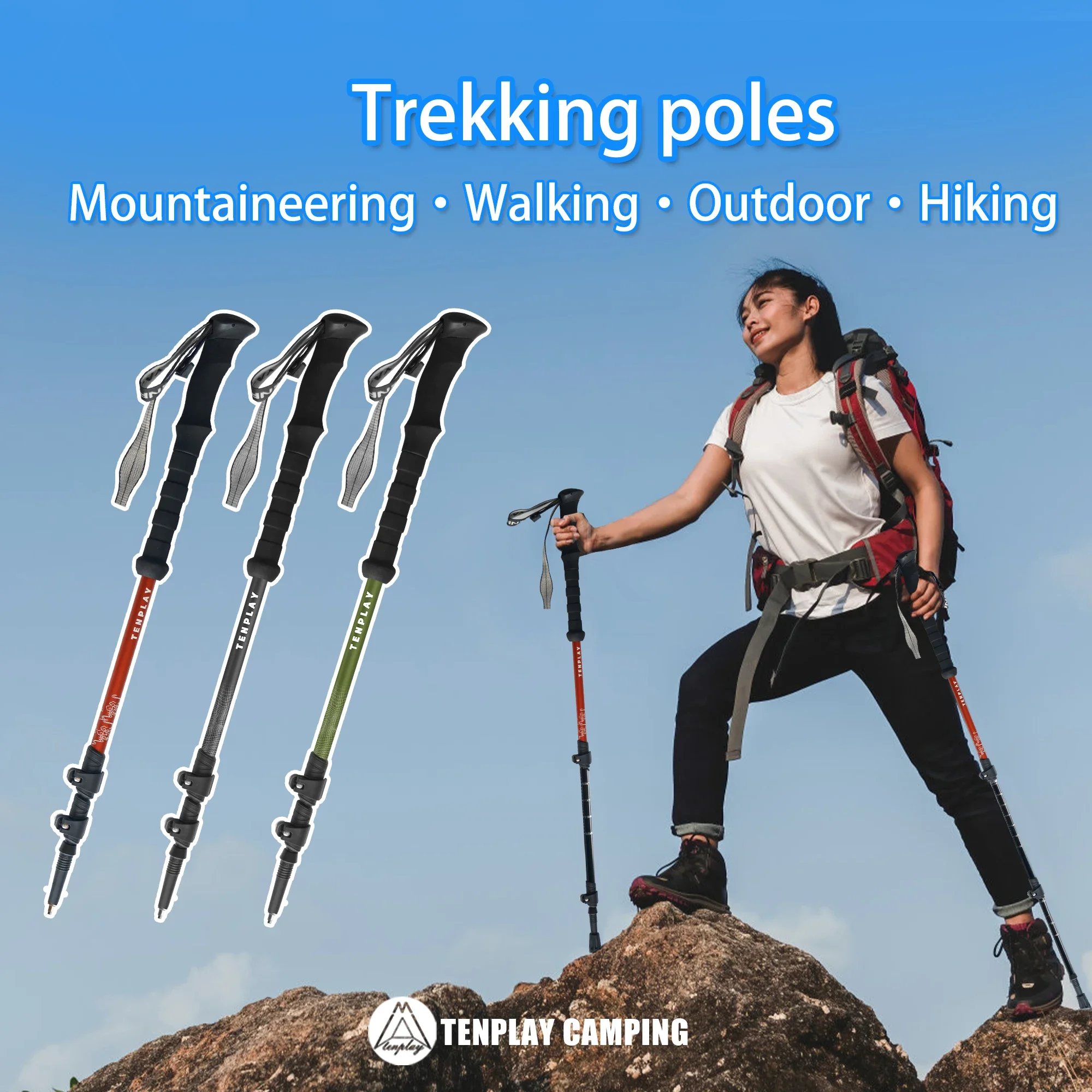 Bastones de trekking TENPLAY 200 g ultraligeros 7075 aleación de aluminio, altura ajustable de 95-135 cm, amortiguadores, aptos para todo terreno