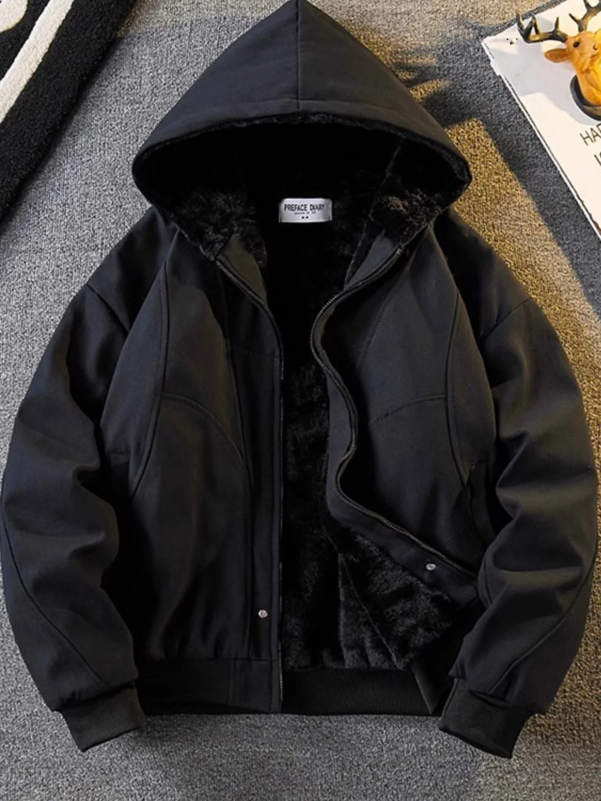 

Retro American Fce Lined Warm Coat Men's 2024 New Autumn Winter Heavy Hooded Cotton Jaet Youth ular Loose Fit Zipper