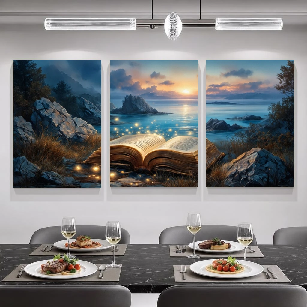 2D Flat, 2D Flat, 3pcs Whimsical Fantasy Book Wall Art Prints, Glowing Open Book And Magical Seascape, Frameless Art Prints f