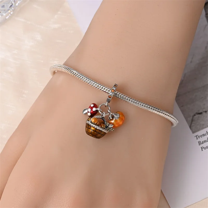 S925 Sterling Silver Romantic Autumn Charms Beads Pumpkin Maple Leaf Scarecrow Harvest Pendant 3mm DIY Fine Jewelry Accessories
