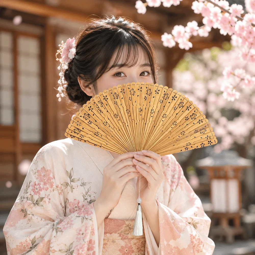 Photography Props Sakura Folding Bamboo Fan Portable Exquisite Elegant Handheld Fans Retro with Tassel Kimono Fan Party Gift