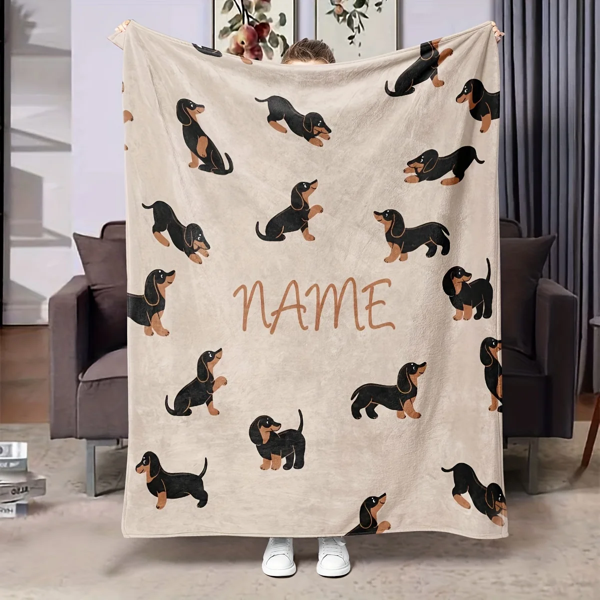 1 Stück personalisierte Dackel-Flanelldecke, weich, warm, gemütlich, individueller Name, perfekt für Sofa, Bett, Büro, ideales Ganzjahresgeschenk