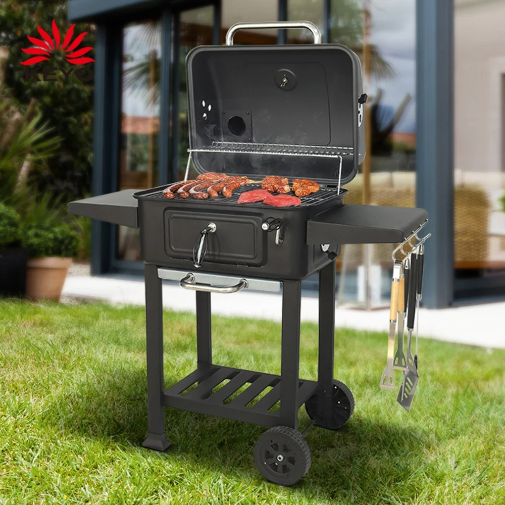 

Large Hevay Dute Backyard Outdoor Smoker Charcoal Bbq Grills Trolley Grill Barbecue Grill With Double Side Table