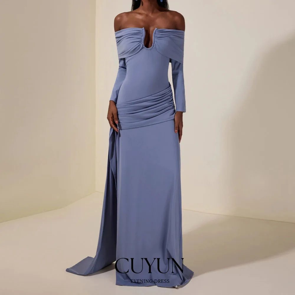 CUYUN Aangepaste Boothals Formele Avondjurken 3/4 Mouwen Geplooide Formele Etentje Jurk Bruiloft Gast Jurken 2026 Nieuwe