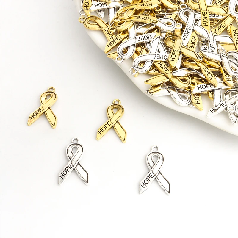 20pcs Breast Cancer Awareness Ribbon Charms Vintage Silver Gold Color Hope Pendants Making DIY Bracelets Handmade Jewelry Crafts