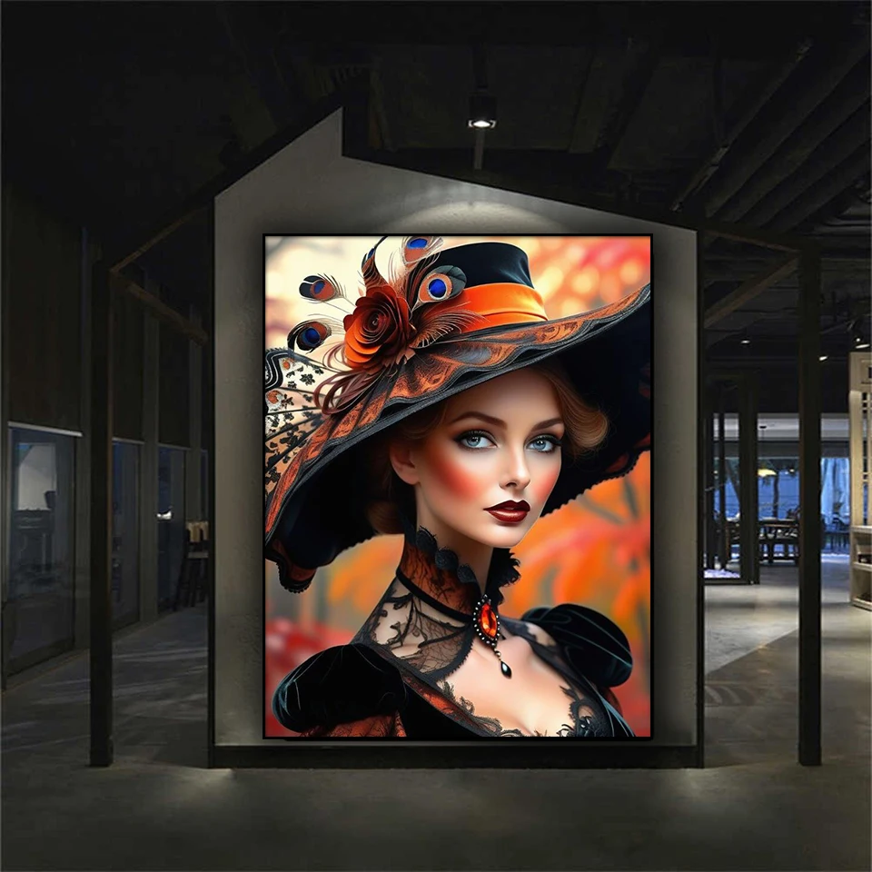 Mysterious Hat Woman 5d Diy Diamond Painting New 2025 Full Diamond Mosaic Embroidery Gothic Lady Picture Home Decor