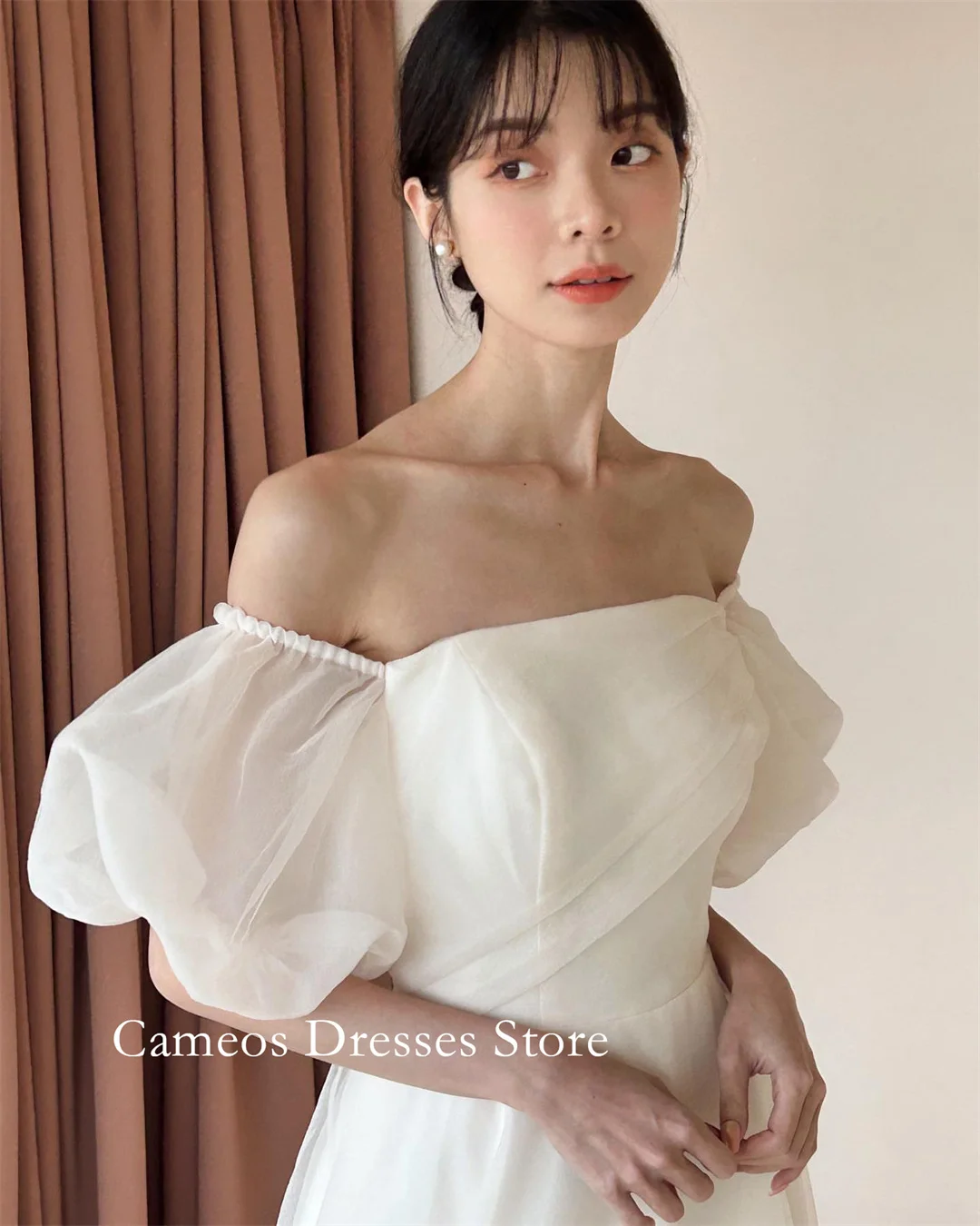 SONDR Customized Off Shoulder Ivory Puff Sleeves Wedding Dresses Simple A-Line Organza Korea Brides Gowns Women Bridal Dresses