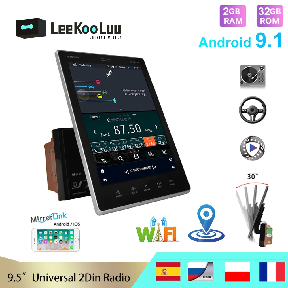 

LeeKooLuu 2 Din Car radio GPS Multimedia Player Android 9.1 2Din Autoradio 9.5" Vertical Screen Stereo For Kia Ford Nissan Lada