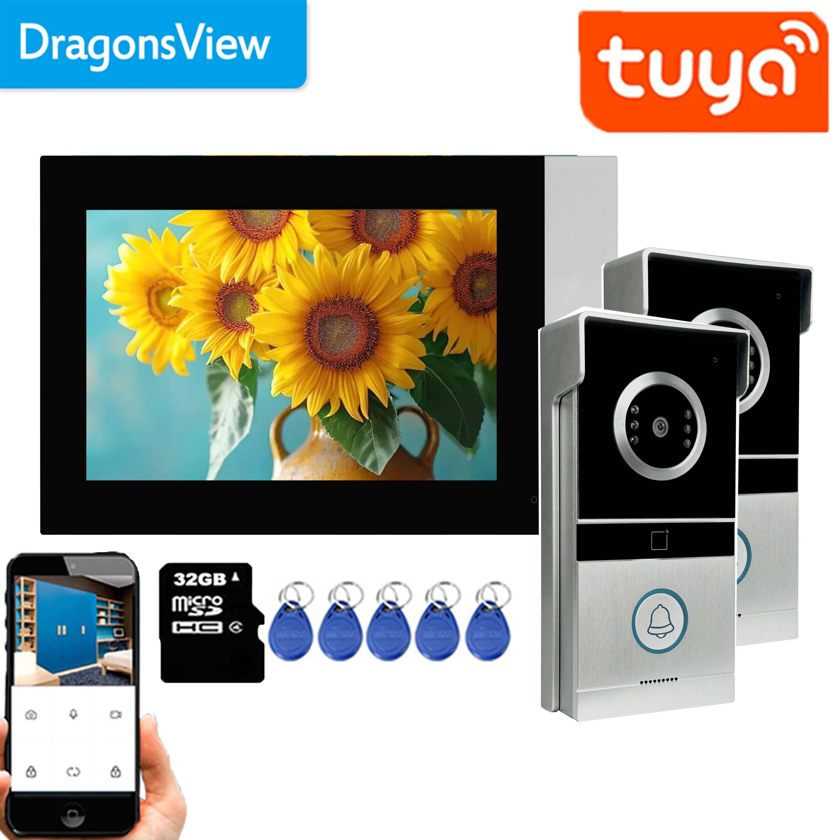 Dragonsview interkom Video Wifi, bel pintu ponsel Video pintar Tuya nirkabel rumah 7 inci 1080p dengan perekaman gerakan kamera