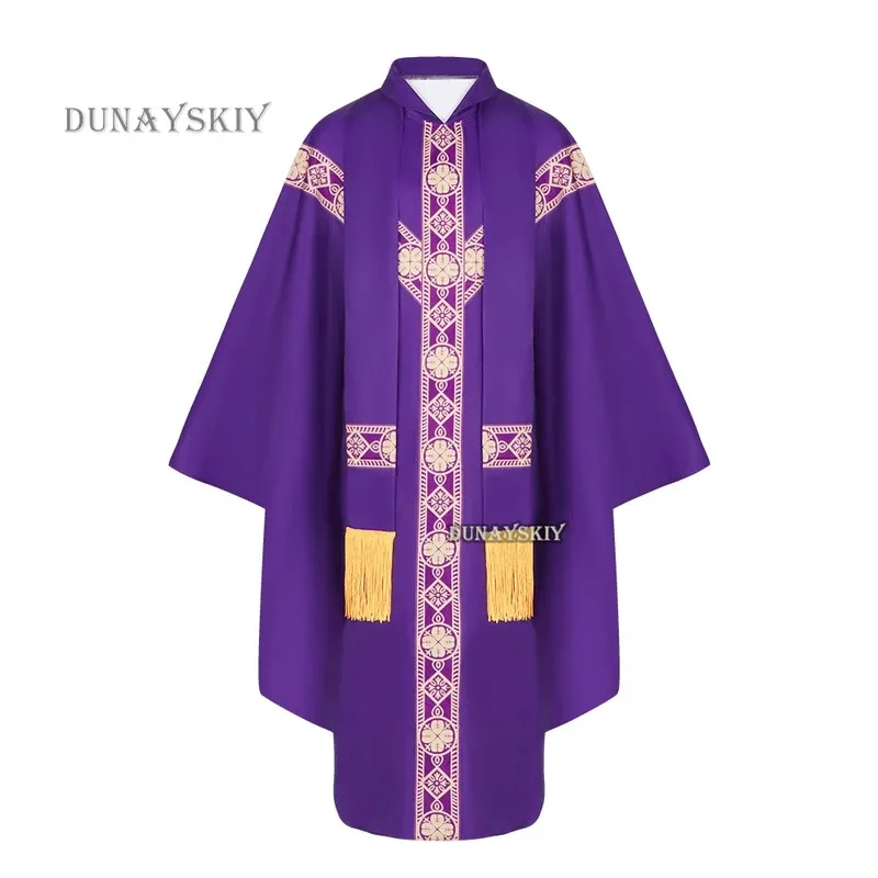 2024 جديد الكاهن الاحتفال Chasuble الكنيسة الكاثوليكية الأب الشامل سترة رداء مع شرابة رجال الدين فستان الحفلات رداء