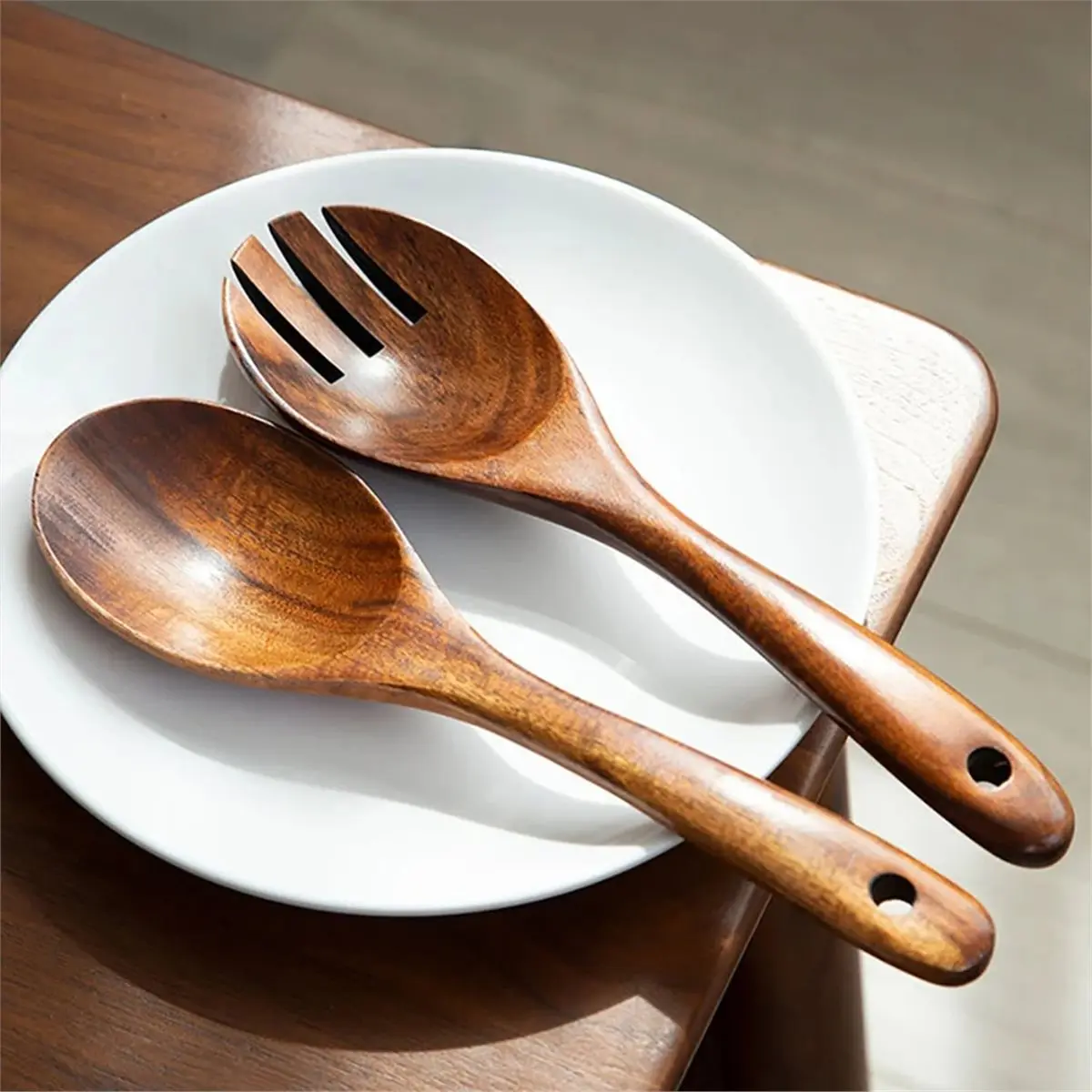 2Set Wooden Large Spoon Fork Cutlery Set Japanese Style Long Handle Serving Salad Scoop Dinnerware Set Kitchen Utensil