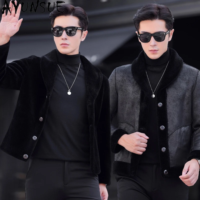 AYUNSUE Cappotti di lana 100% per uomo Autunno Inverno Moda coreana Giacca corta da tosatura delle pecore Cappotto di pelliccia da uomo reversibile Abiti neri