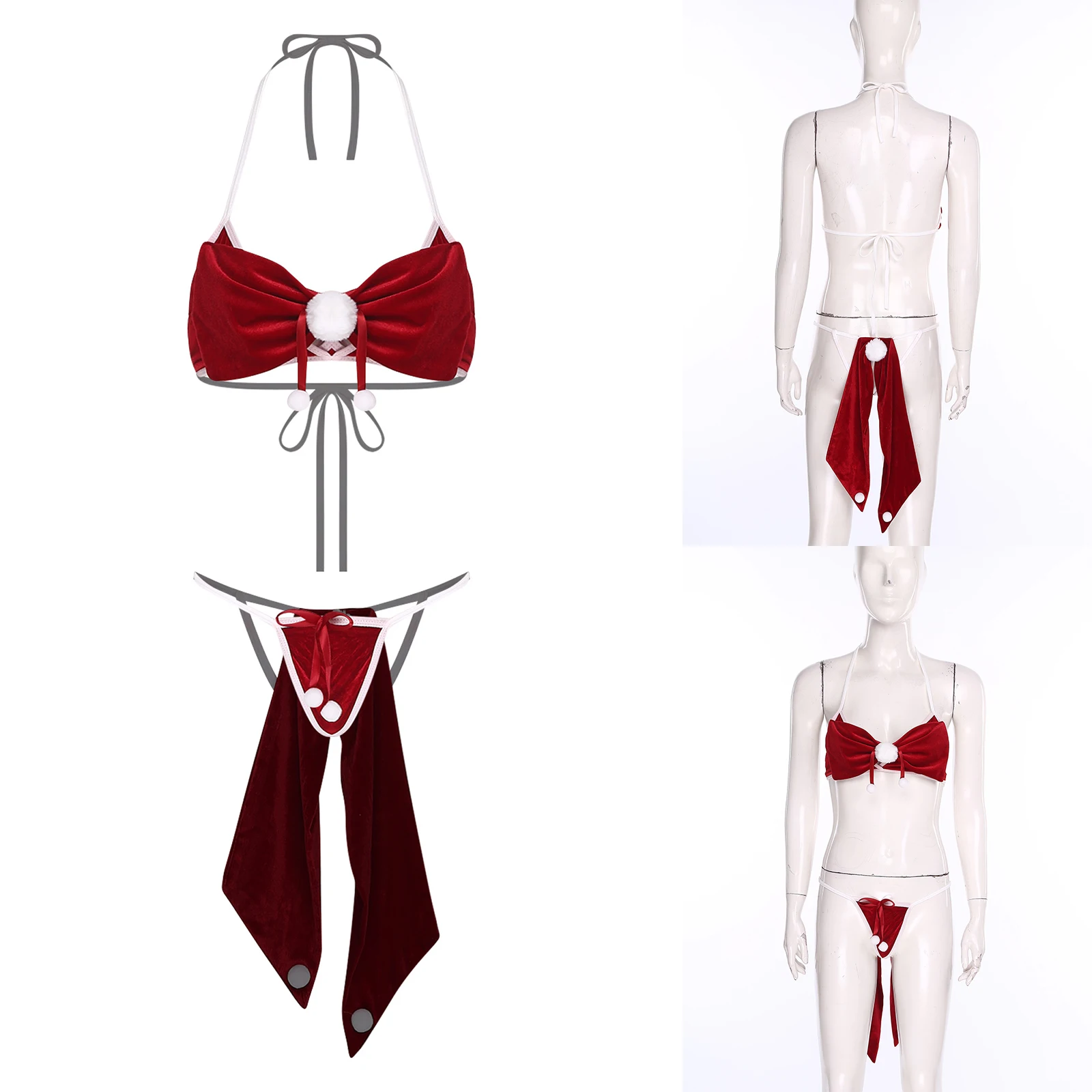 

Женское эротическое рождественское нижнее белье Mrs Santa, ночная рубашка для ролевых игр, бархатный бюстгальтер на шнуровке с микро-т-образными стрингами, очаровательная ночная рубашка