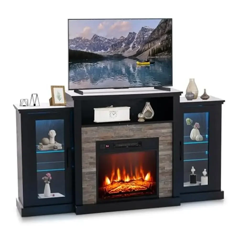 TV Stand Console Electric Fireplace 65’’ 16-Color LED Glass Shelves 19’’ Insert 1400W 4777 BTU 3-Level Flame Heating 400 sq. ft.