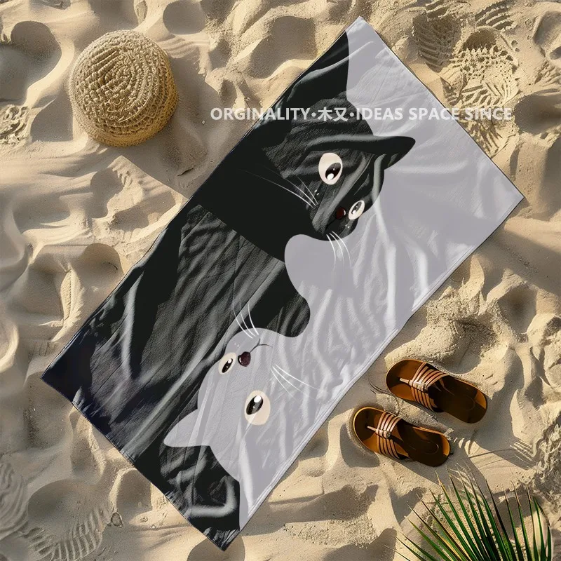 Cute Couple Cats Beach Towel Patterned Sunscreen And Windproof Suitable For Swimming Pool Camping Travel