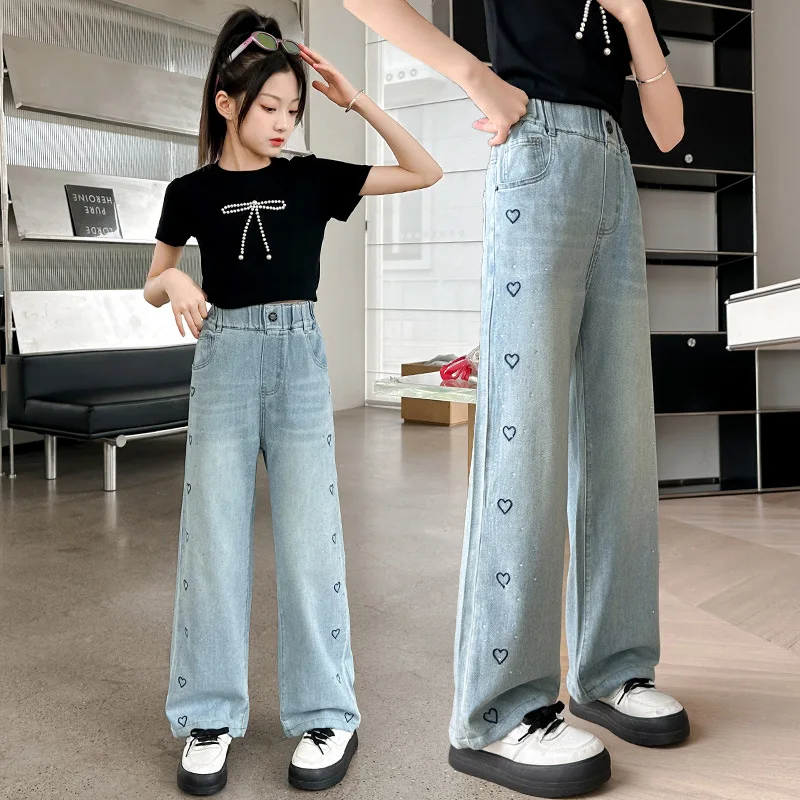 

2024 Summer Teens Girl Wide-Leg Jeans Kids Embroidery Design Denim Pants Children Outwear Long Trousers Girl Clothing 4-12Years