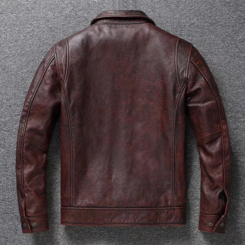 Retro Distressed Lapel First Layer Cowhide หนังแจ็คเก็ตรถจักรยานยนต์ผู้ชาย Slim สั้นคลาสสิก