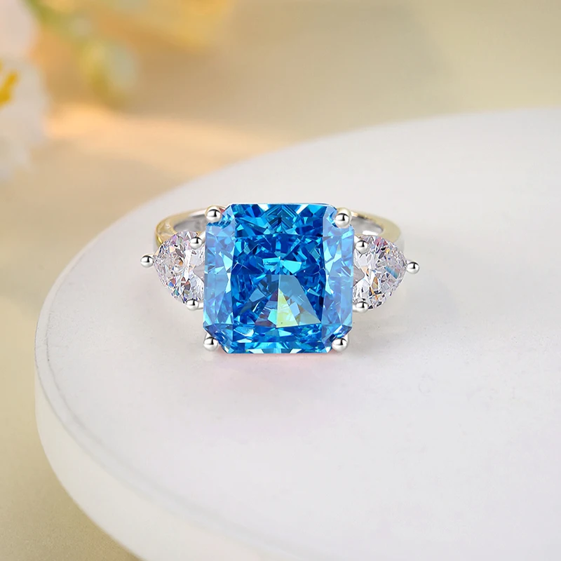 6 Carat S925 Sterling Silver Aquamarine Ring For Women Generous Square Sugar Premium High Carbon Diamond Zircon Colorful Jewelry