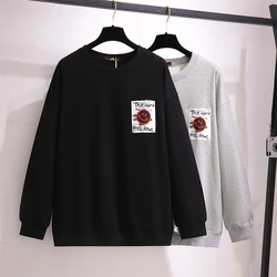 Autumn and Winter Plus Size Women's Round Neck Sweatshirt Black Gray Collage Printing Loose Simple Long Sleeve Commuter Tops