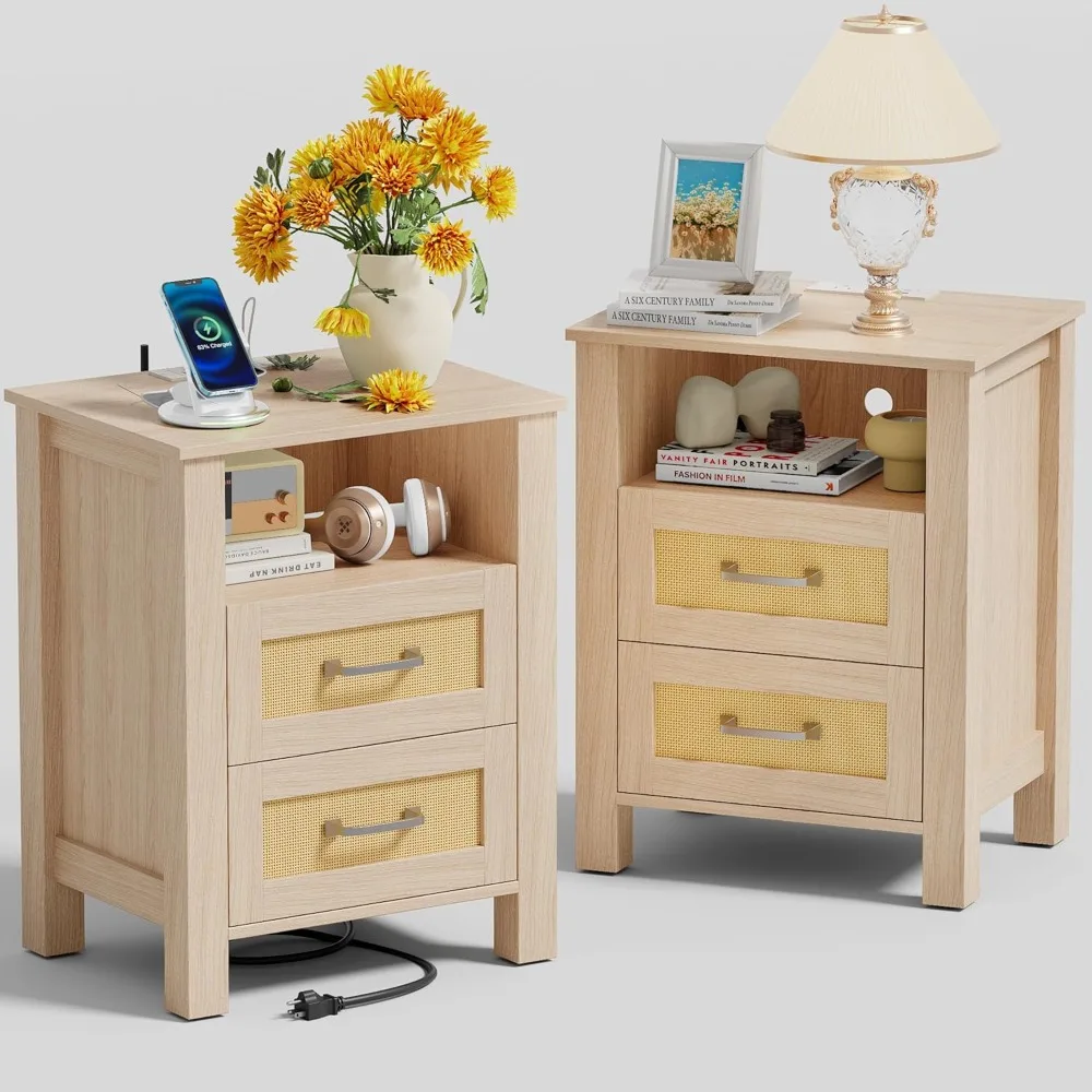 

Nightstands Set of 2 with Charging Station, End Table with 2 Storage Drawers & 1 Open Shelf, for Bedroom, Natural