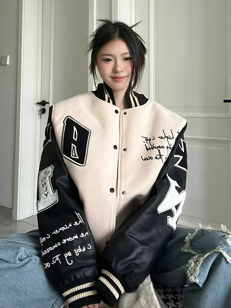 Jaet de Baseball rétro américain pour femmes, automne hiver, en cuir PU, coupe ample, Patchwork, haut Cleanfit, vêtements d'extérieur pour Couples