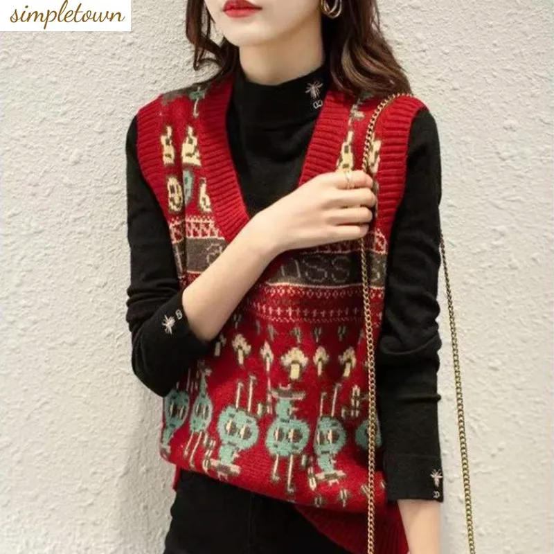 

Knitted Sweater Vest Women's Spring and Autumn New V-neck Sleeveless Loose Pullover Geometric Pattern Women's Versatile Sweater