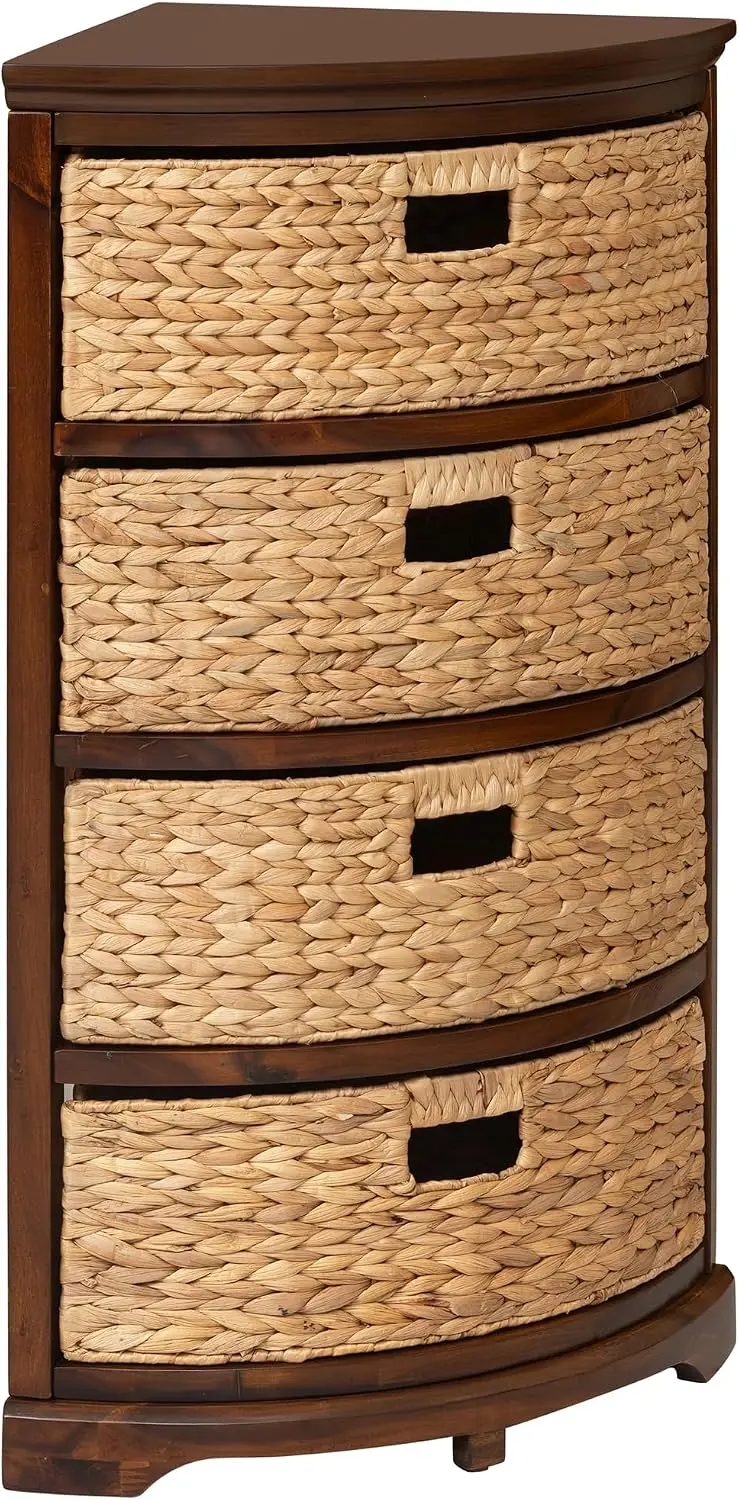 Hampton Meadows 4 Tier X-Side Corner Table Storage Cabinet, Walnut | 4 Wicker Baskets, Quarter Round, For Small Spaces