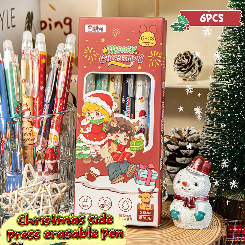 6Pcs Cartoon Cute Christmas Quick Drying Erasable Gel Pens Fashion Smooth Writing Neutral Pens School Supplies Christmas Gifts