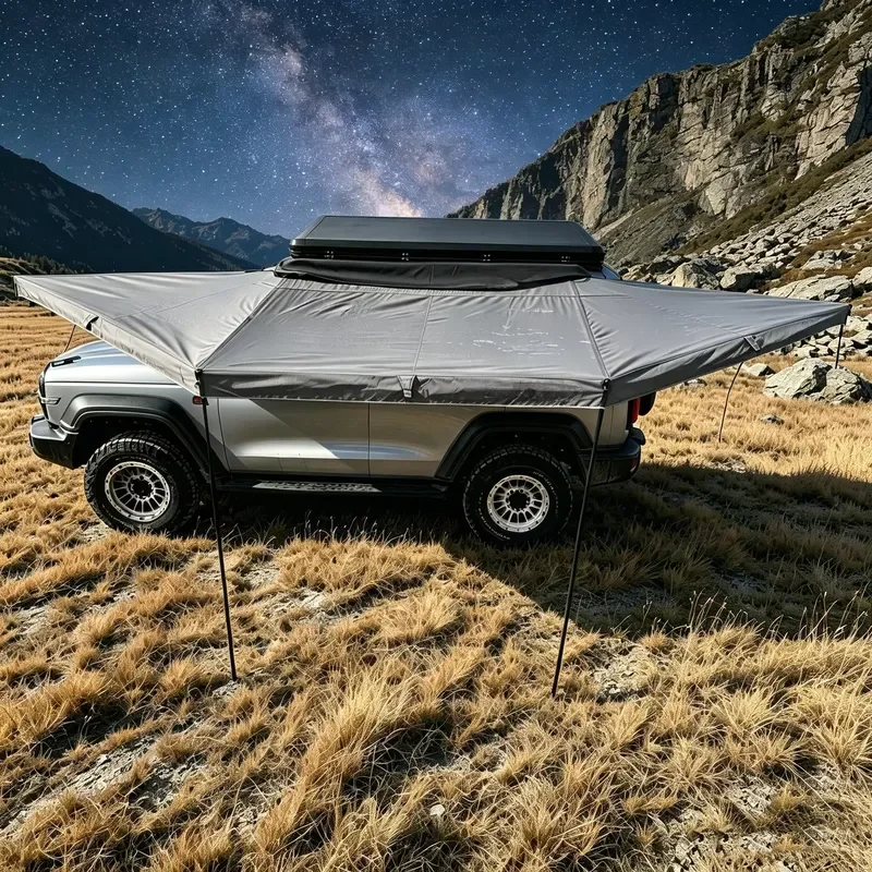 180° Vehicle Side Awning, 200cm/250cm Dual Size Outdoor Camping Picnic Tent with Sun Shade Rainproof LED Light