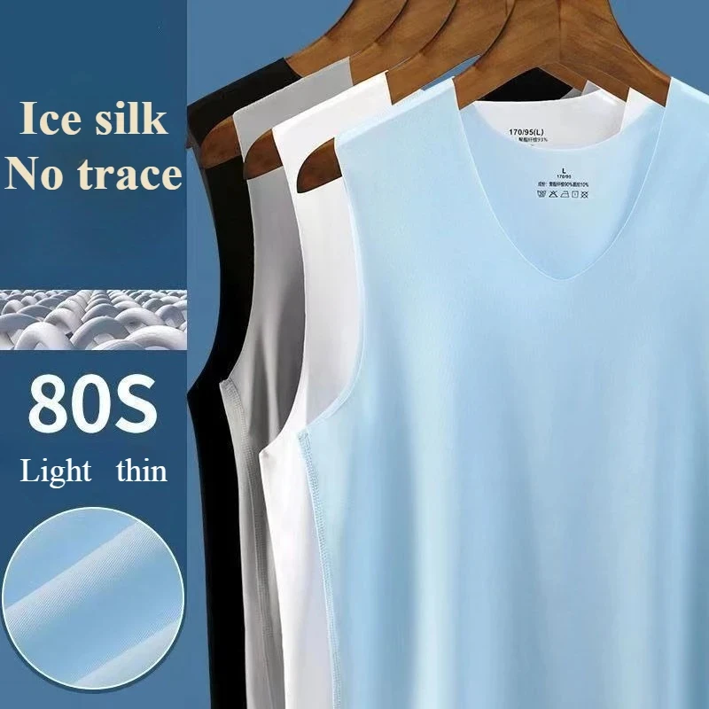 Eisseide T-Shirt Weste Herren Sport Fitness Ärmellose Unterhemden Unterwäsche Nahtlos Sommer Slim Fit Atmungsaktives Singlet M-5XL