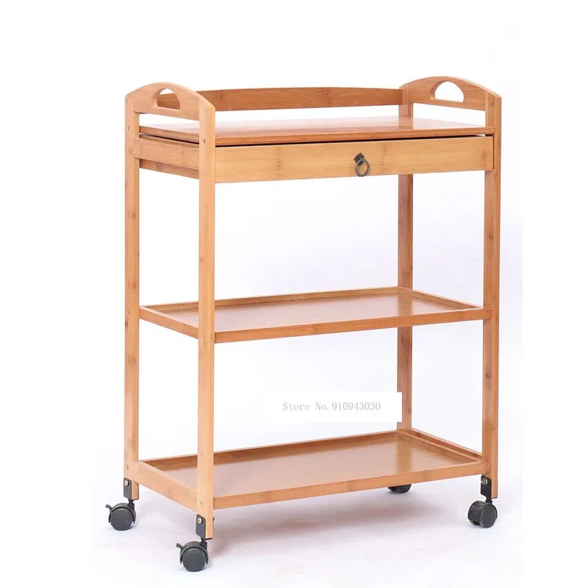 New Movable Bamboo Dining Trolley 3/4 Layer Tea Dining Cart Small Living Room Side Cabinet Beauty Salon Trolley Kitchen Shelf