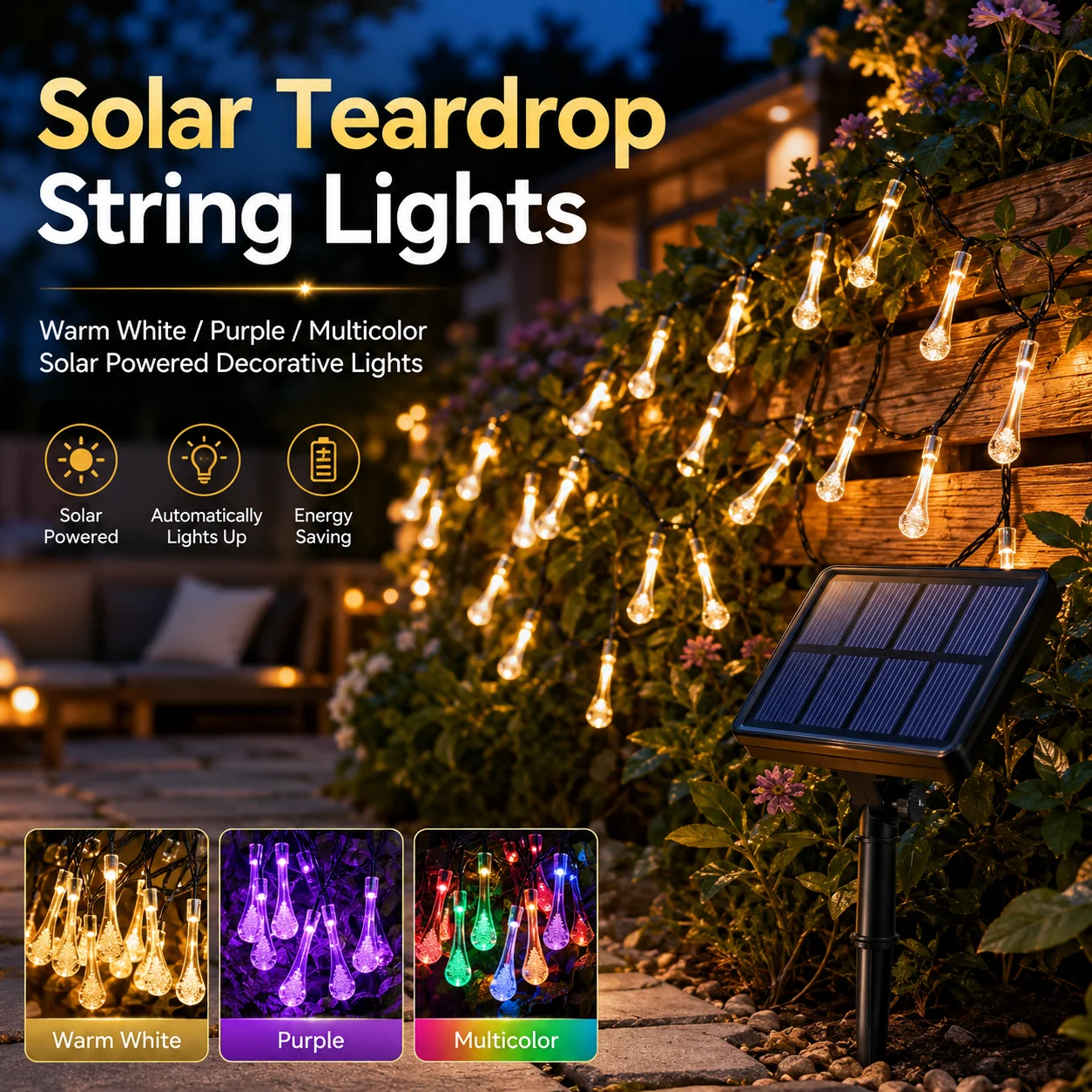 Solar String Lights Droplet Teardrop Fairy Lights 5/7/12M 20/50/100 LED Warm White Purple Multicolor Garden Christmas Decor
