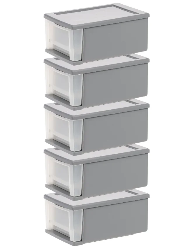 

USA, 7 Qt. Small Plastic Stackable Storage Drawers, Modular, Gray Clear, Set of 5