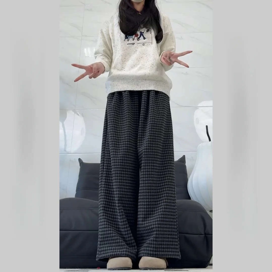 Hose mit weitem Bein, unregelmäßig, für Damen, Herbst, Polyester, A-Linie, Schule, Lounge, kariert, gefüttert, kariert, Jacquard, Damen, Cord, Patchwork, Retro