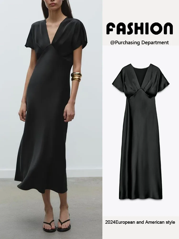 春の新作 レディース ワンピース エレガント シルクサテン 半袖 Vネック ミディアム丈 Aライン ガウン ハイウエスト ロングスカート ワンピース