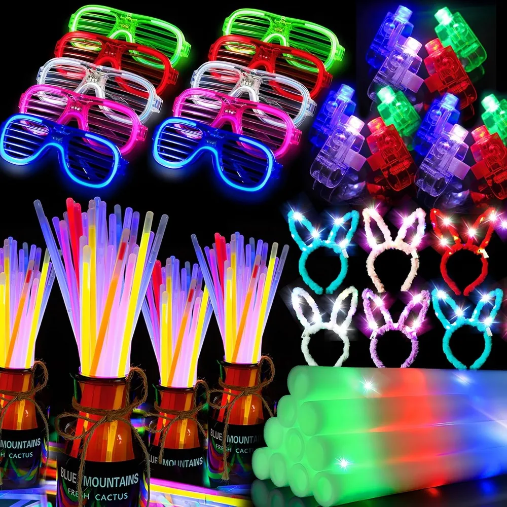 

173 PCS Glow in the Dark Party Supplies,18 Foam Glow Stick,15 LED Glasses,100 Glow Stick,30Finger Light,10 Bunny Ear Headband fo