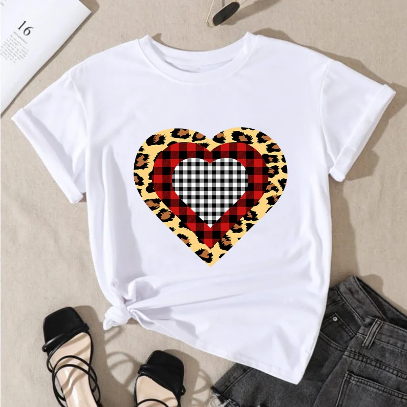 عيد الحب ليوبارد طباعة القلب نمط مطبوعة عارضة السترة قصيرة الأكمام المرأة تي شيرت الجرافيك تي شيرت