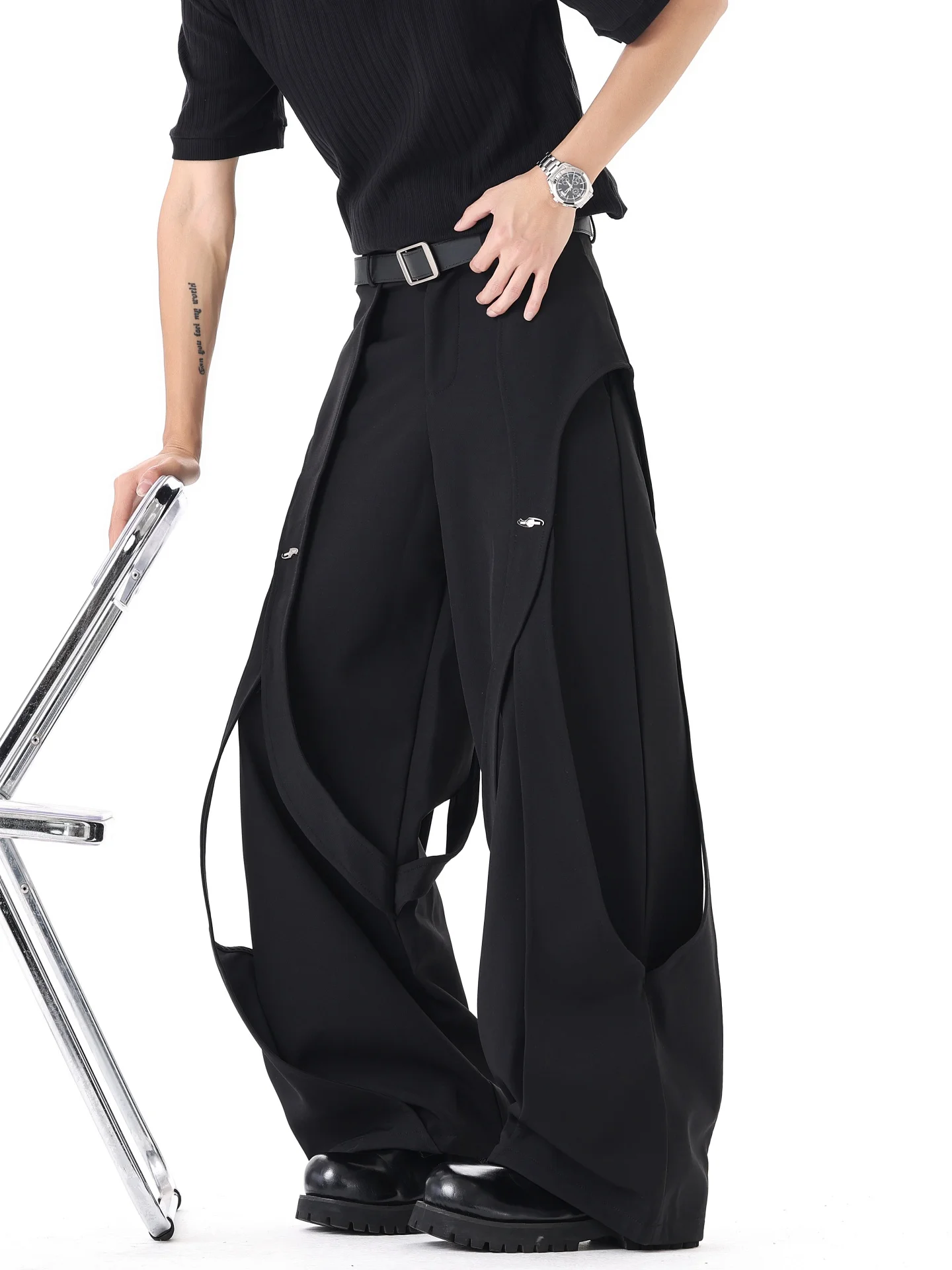 

Black Heavy Industry Knife Design Wide Leg Straight Cut Trousers for Men Casual Summer Fashion Trend Pure Color No Brand