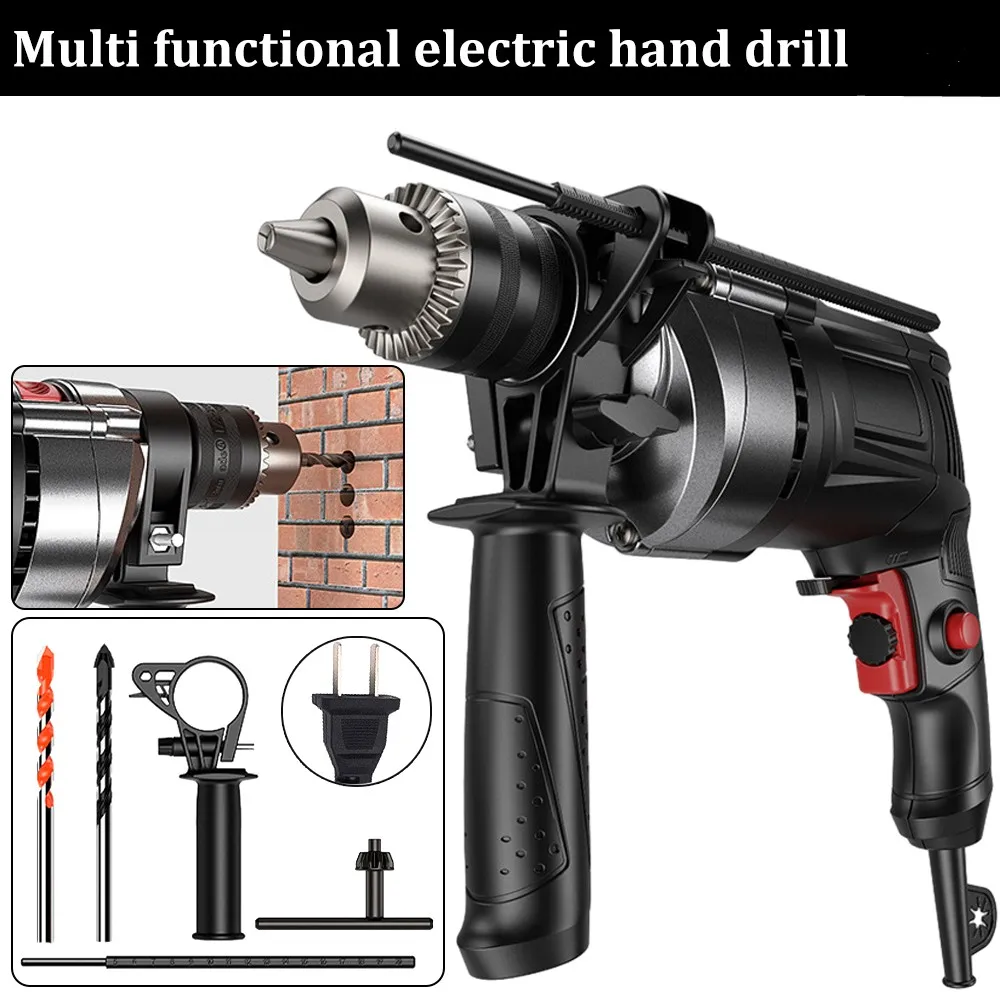 220V Electric Drill Impact Drill Multi-function Adjustable Speed Wood Metal Stone Cutting Off Household Wall Hole Drilling Tools