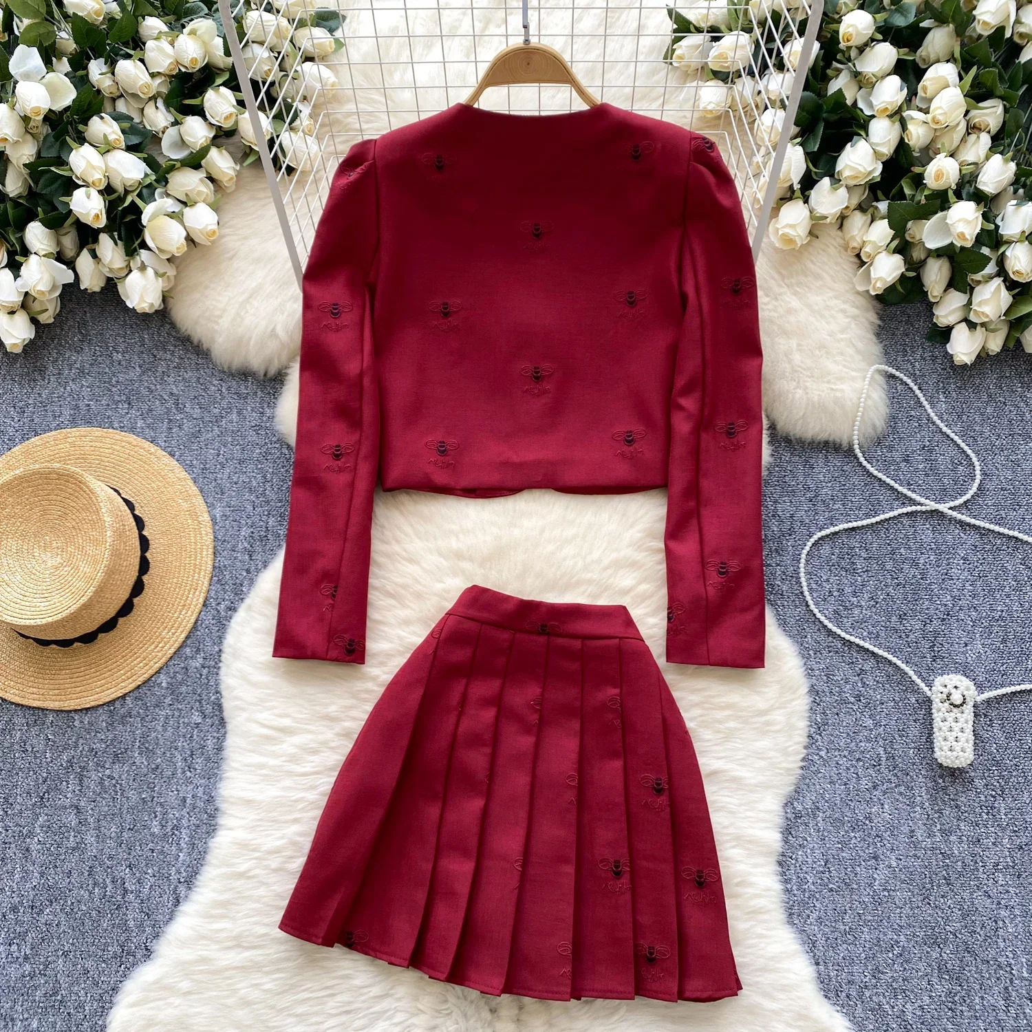 Chic Two-piece Sets Slim O-neck Embroidered Single Breasted Top Vintage Slim Basics A-line Skirt Autumn Winter Korean Clothing