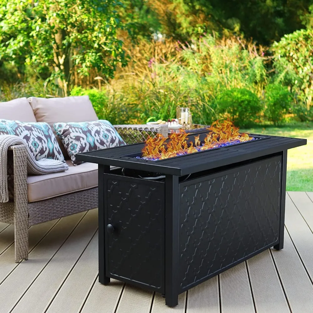 

Gas Fire Pit Table, 45 Inch Large Long Rectangular Outdoor Patio Propane 50000 BTU Fire Table with Lid and Blue Fire Glass