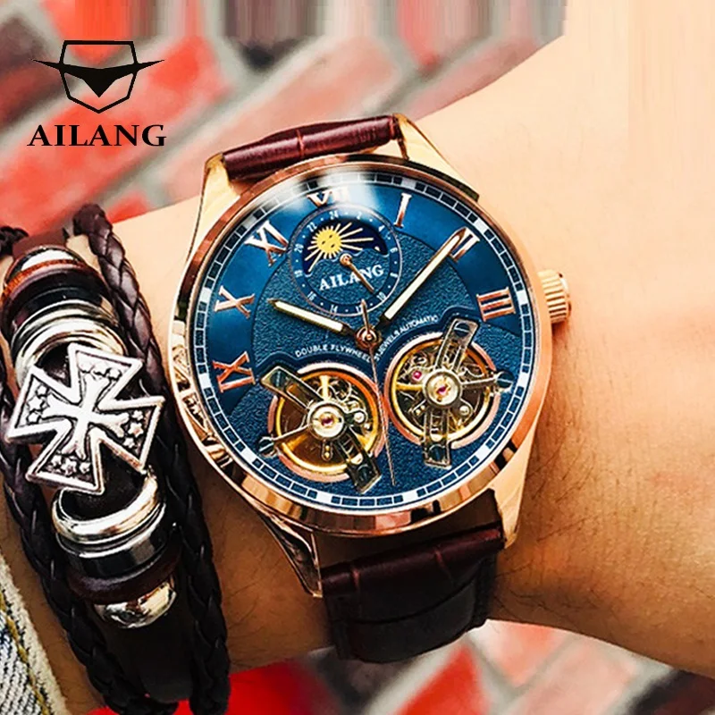 Binger For Mens Watch Double Skeleton Flywheel Automatic Wristwatch Male Mechanical Date Phase Coated Relogio Masculino Zegarek