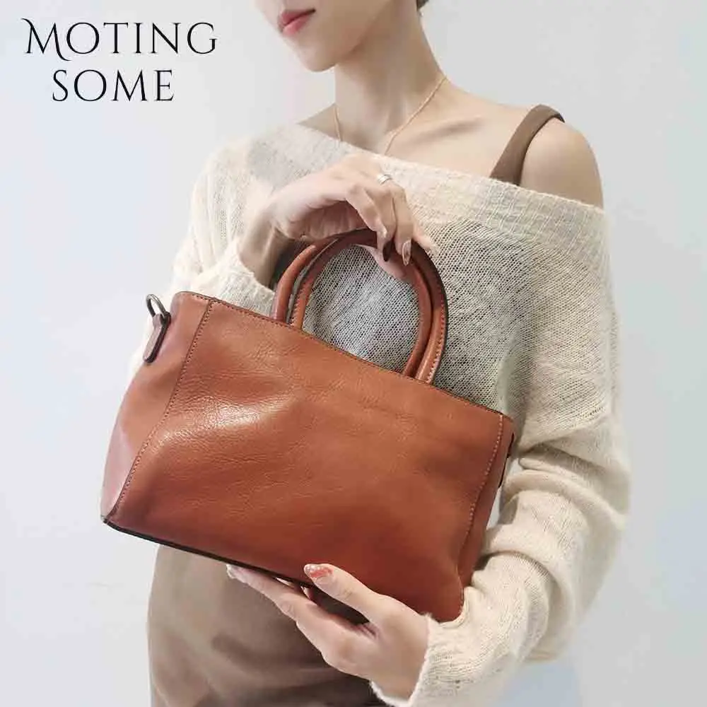 

Motingsome Shoulder Leather Bag for Women Hangbag Satchel Luxury Thick Real Vegetable Tanned Leather Lady Messenger Tote 2024