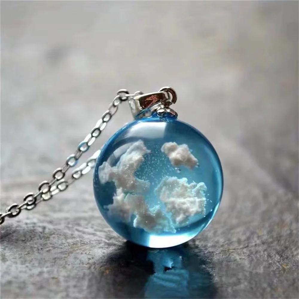 1pc Blue Sky With White Clouds Pattern Round Resin Pendant Necklace Transparent Ball Pendant Sweater Chain Holiday Gift