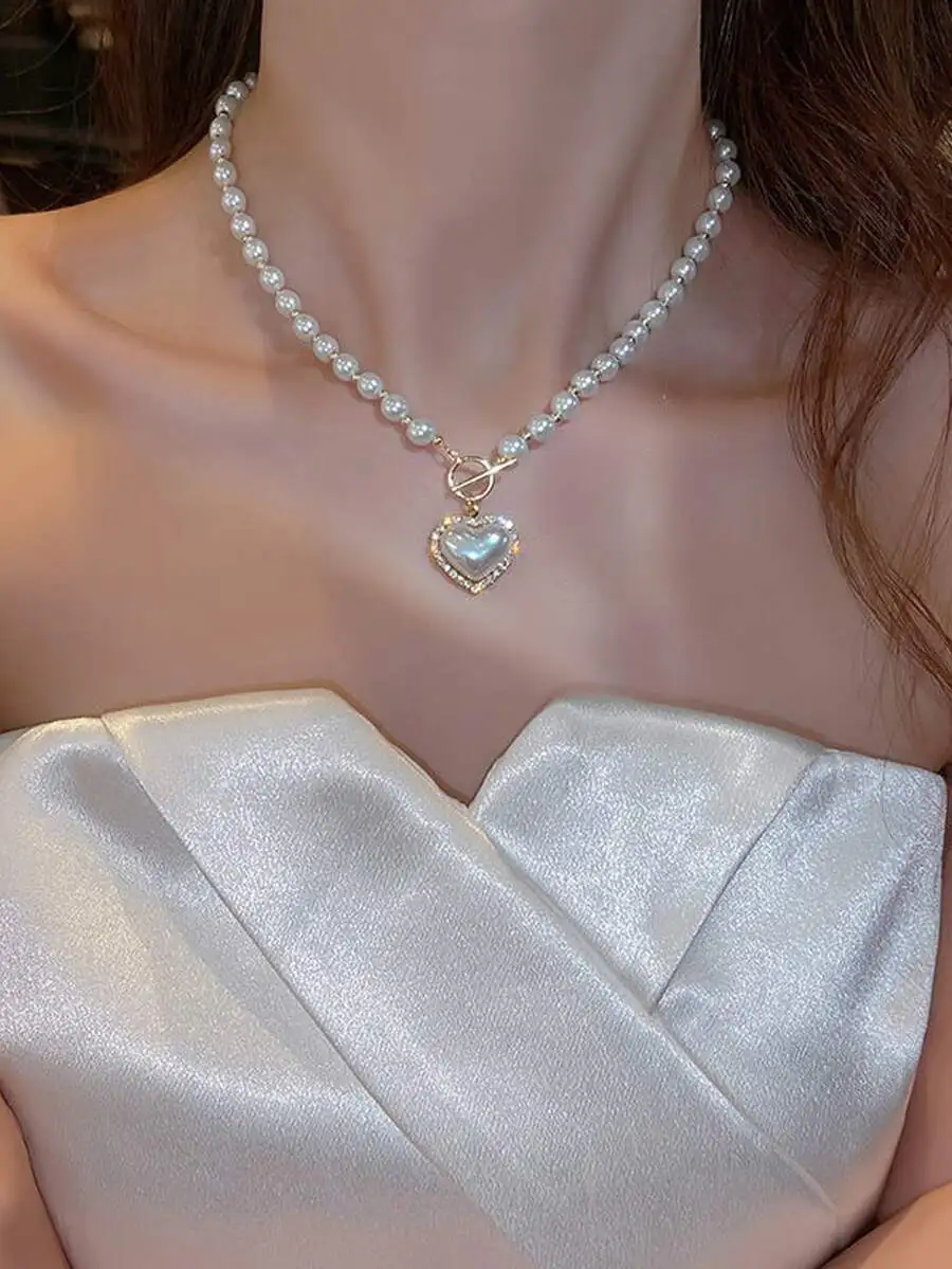 Faux Pearls Beads Heart Shape Pendant Lovely Neck Jewelry Perfect For Any Occasion Valentines,Mom,Mother,Mother's Day,Gift
