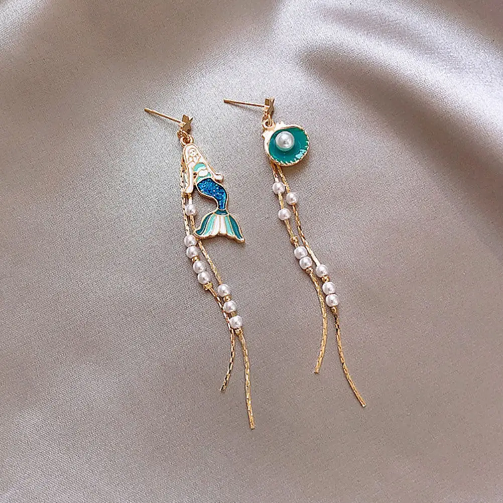 1Pair Pearl Shell Ear Drops Asymmetrical Fringe Earring for Women Fashion Ear Dangler Stylish Jewelry Gift for Hawaiian Party