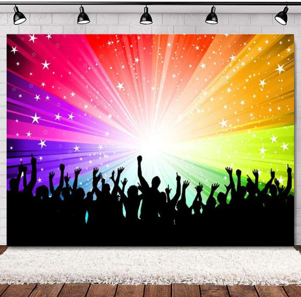 

Disco Photography Backdrop Rainbow Radial Lines And Stars Crazy Let's Glow Party Background Rave Scene Photo Booth Photoshoot