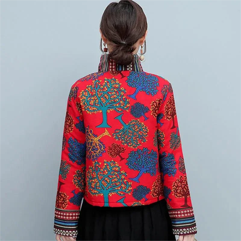 Women Tang Suit Padded Jacket Print Stand Collar Chinese Style Vintage Autumn Winter Female Tradition National Style Short Coat