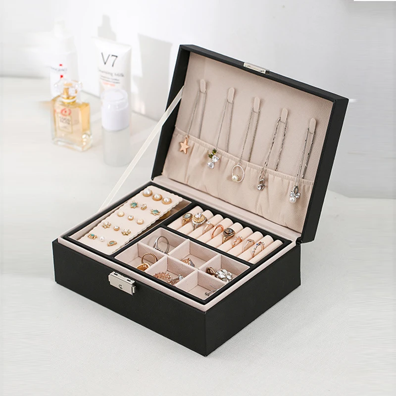 

1 pcs PU leather jewelry box, double-layer wooden jewelry box, princess jewelry storage box, makeup box